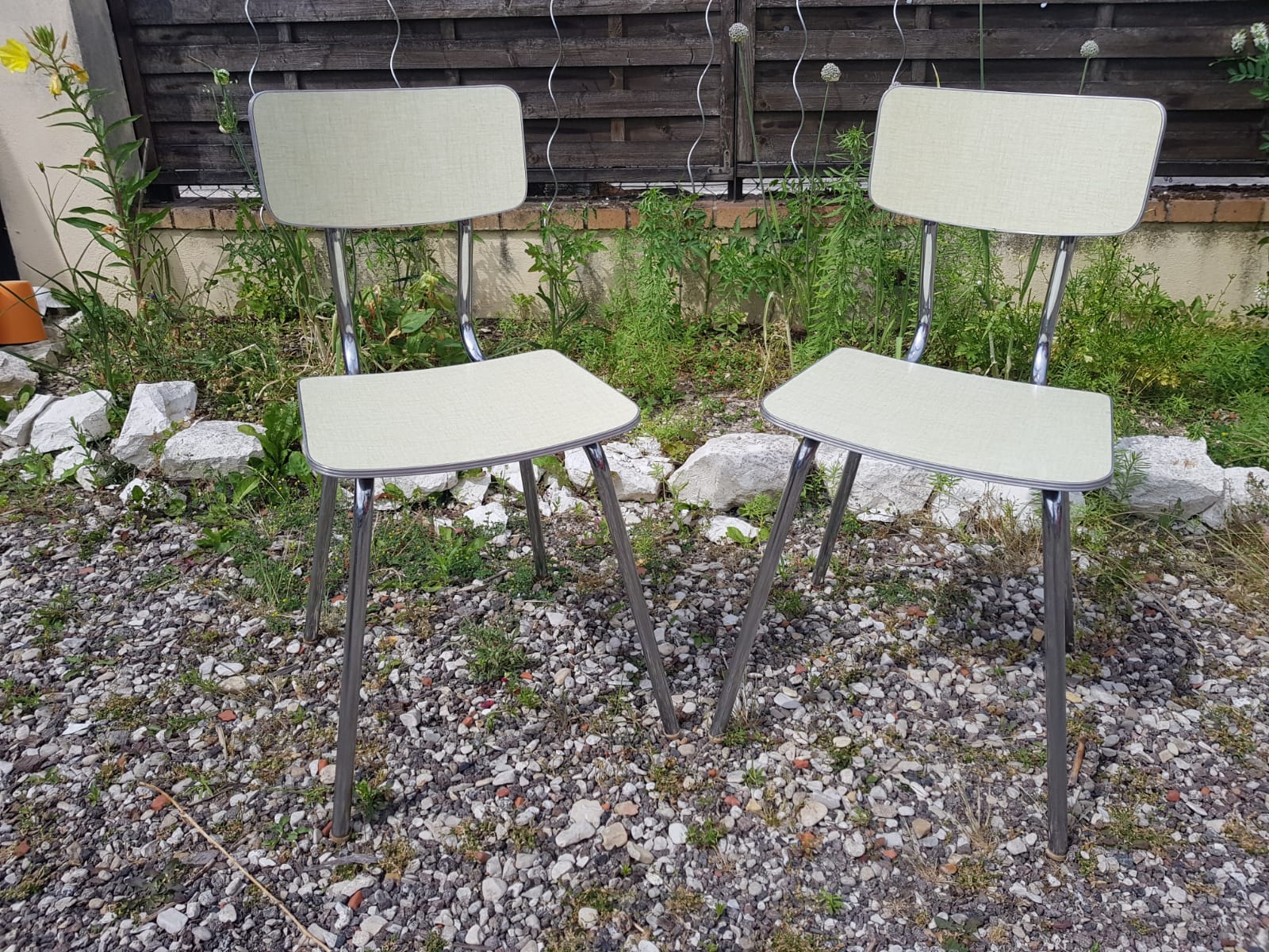Pair plastilux chrome metal chair & formica + plate 50s vintage