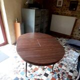 Round formica table with wood effect