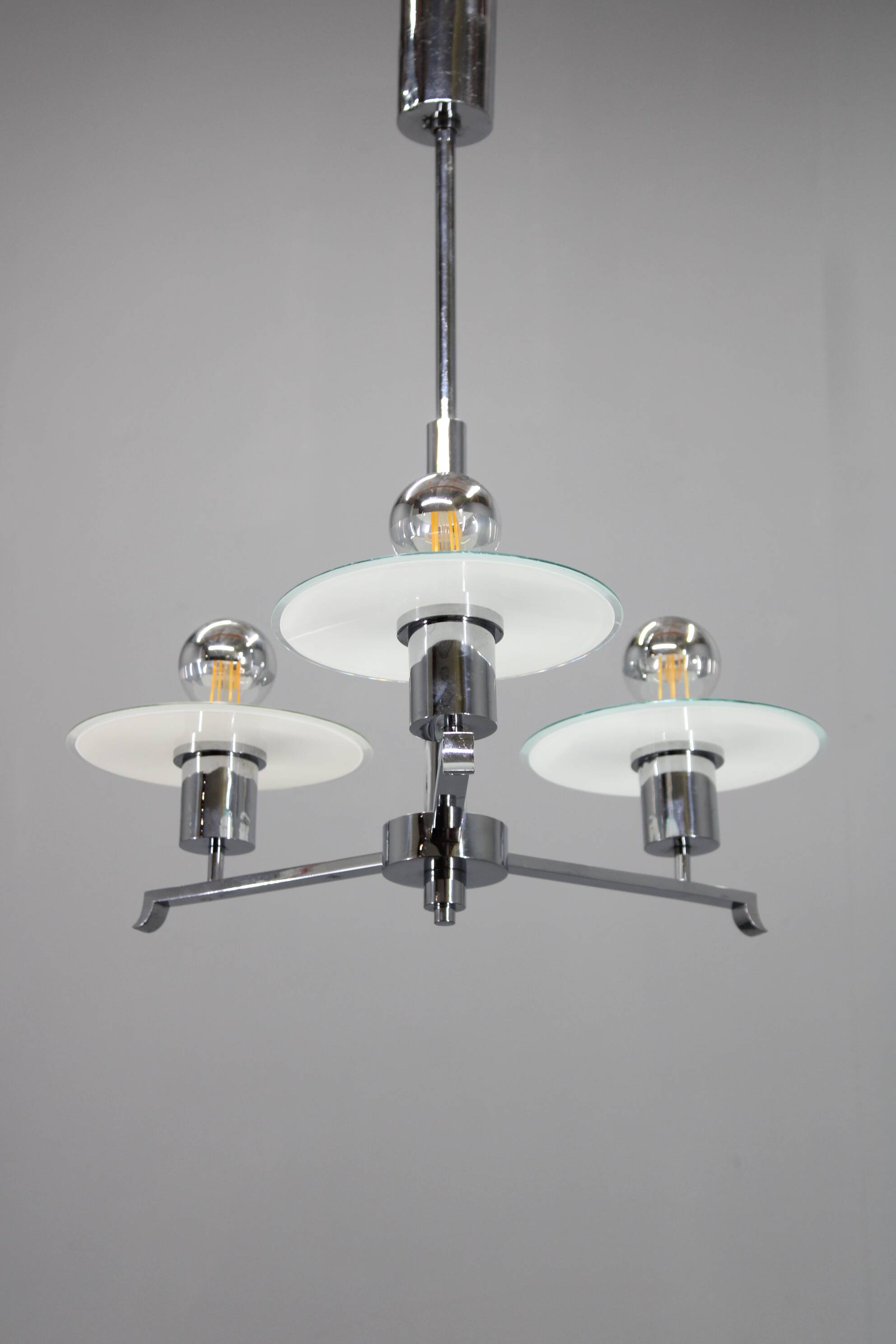 Art Deco chrome and sandblasted glass chandelier, Czechoslovakia, 1940s