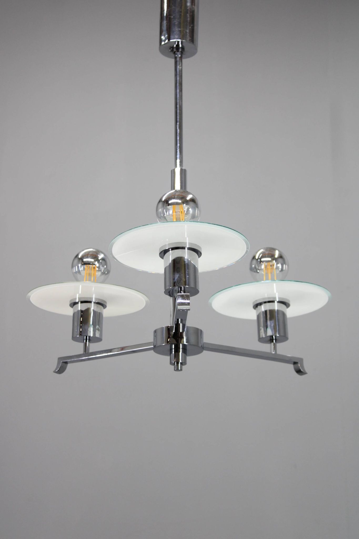 Art Deco chrome and sandblasted glass chandelier, Czechoslovakia, 1940s
