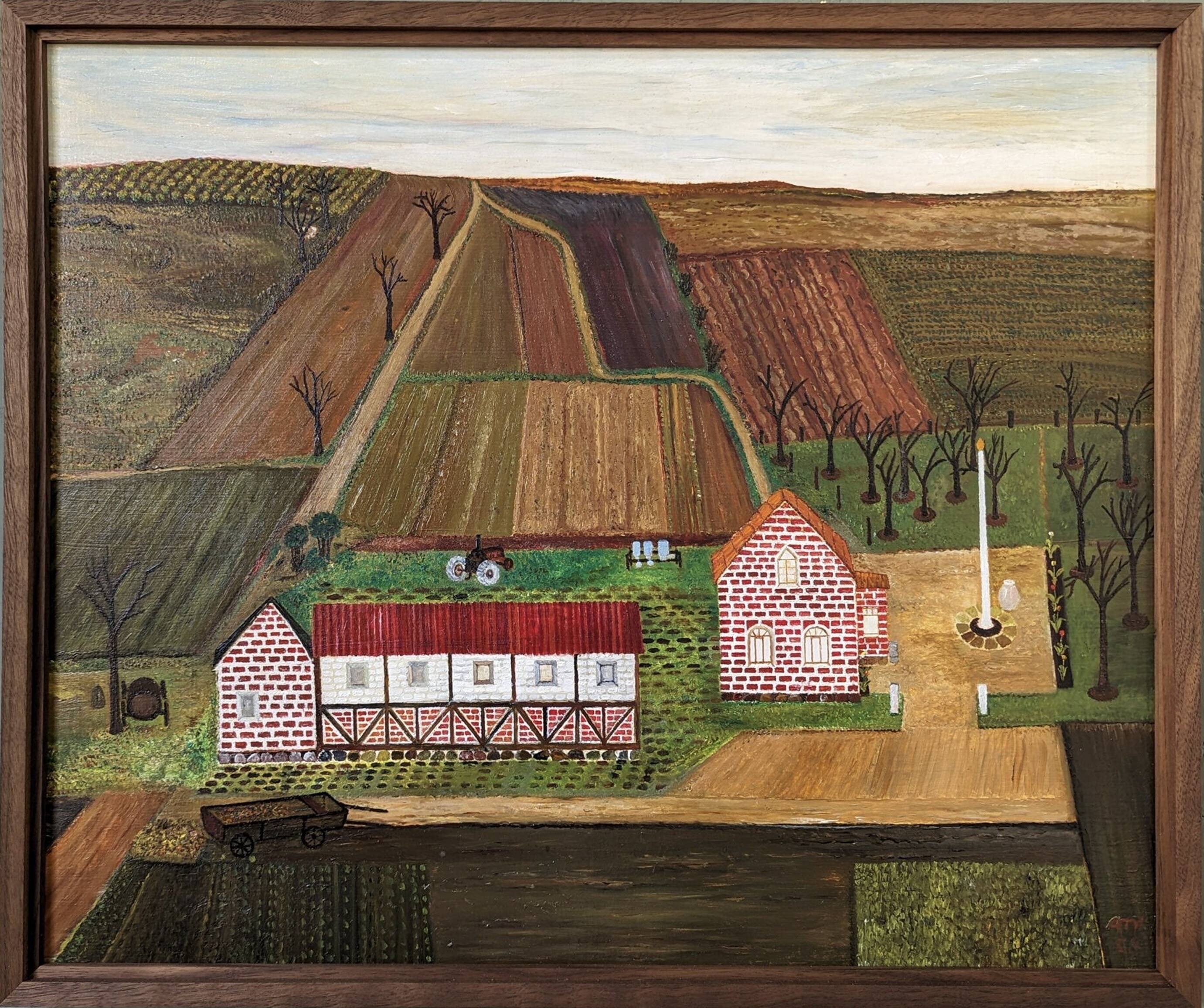 Mid-Century Modern "The Working Farm" Vintage Naïve Style Landscape Oil Painting, Framed