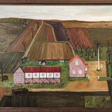 Mid-Century Modern "The Working Farm" Vintage Naïve Style Landscape Oil Painting, Framed