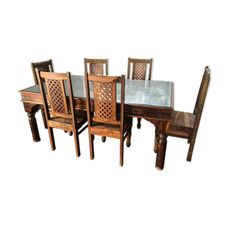 Table en porte de temple indien et 6 chaises 184x104x74