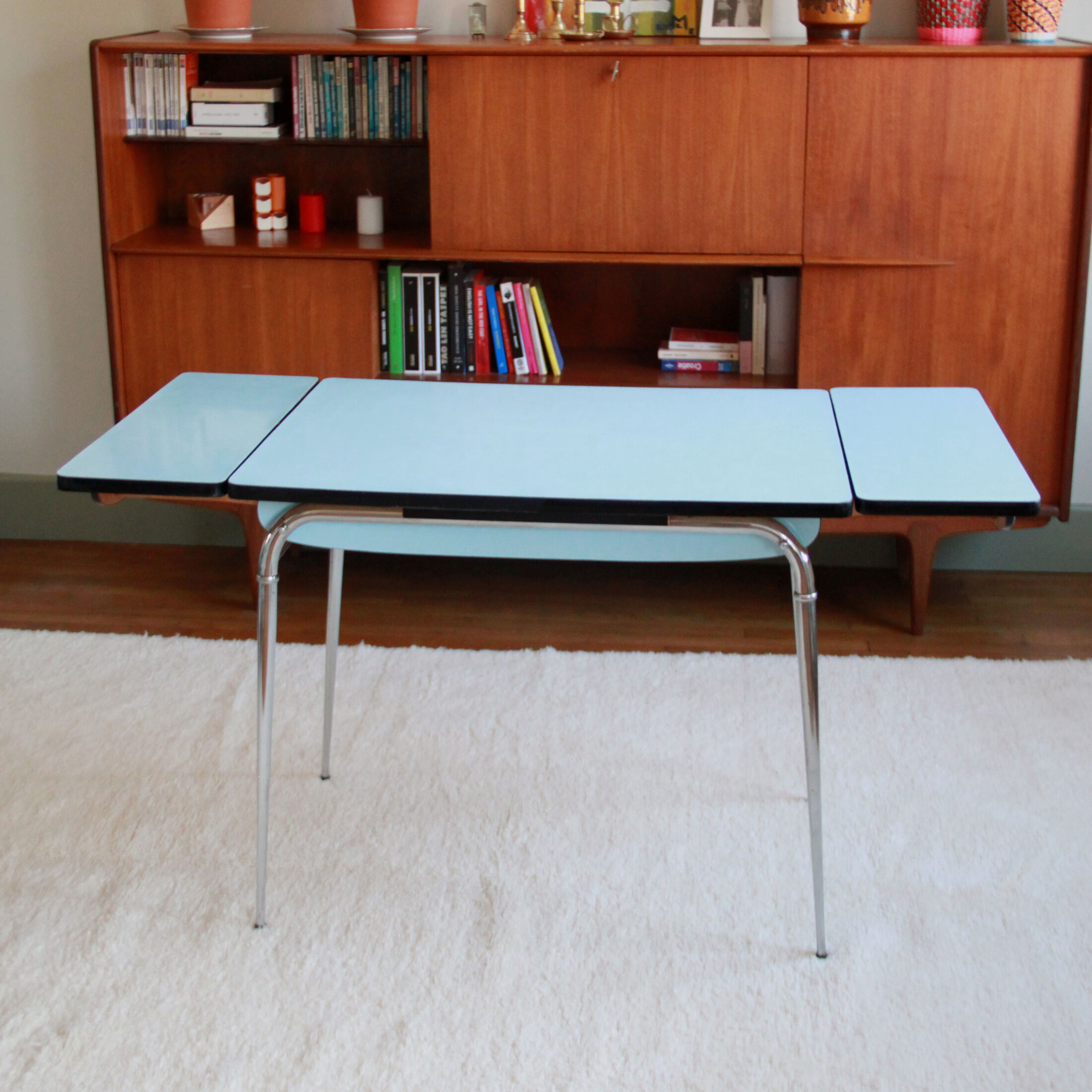 Blue formica table extensions and 2 drawers