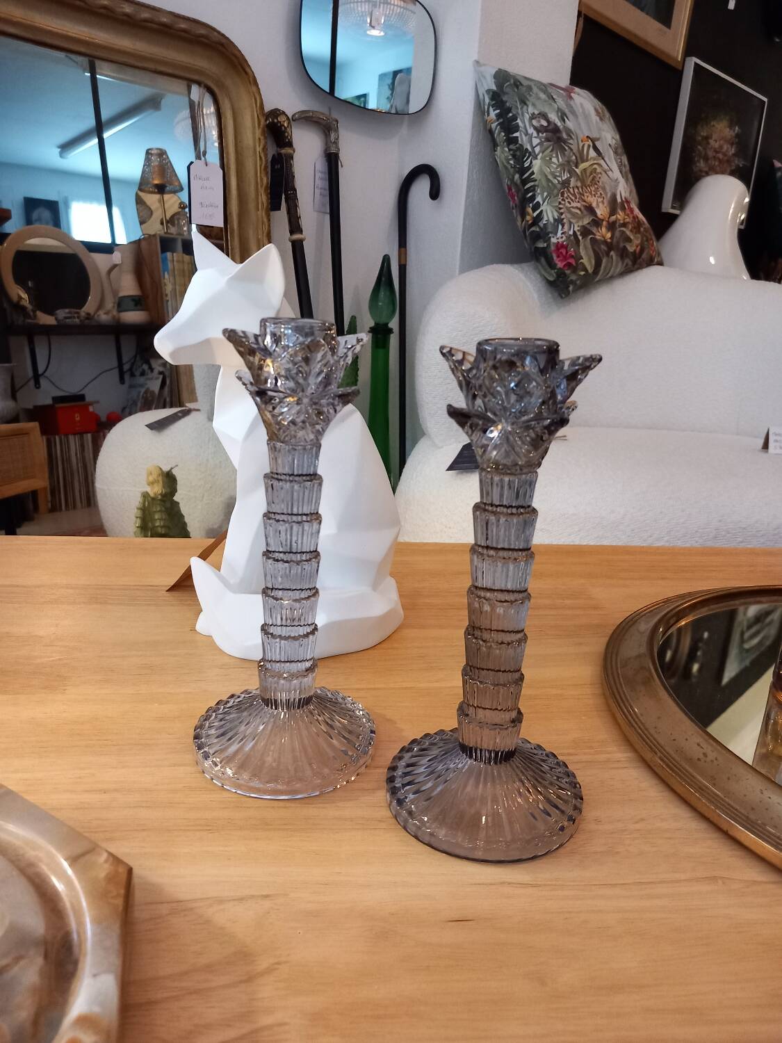 Pair of candlesticks. Blue/gray glass