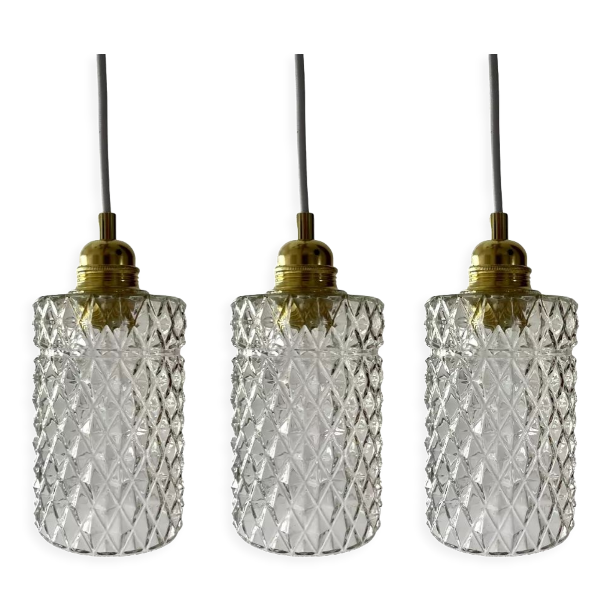 Set of three vintage pendant lamps in chiseled glass