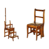 Chaise bibliothèque victorienne transformable bois dur, cuir, laiton vers 1880