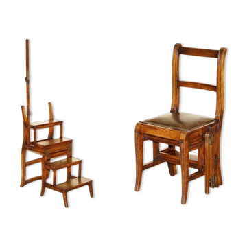 Victorian library chair, convertible, hardwood, leather, brass, circa 1880.