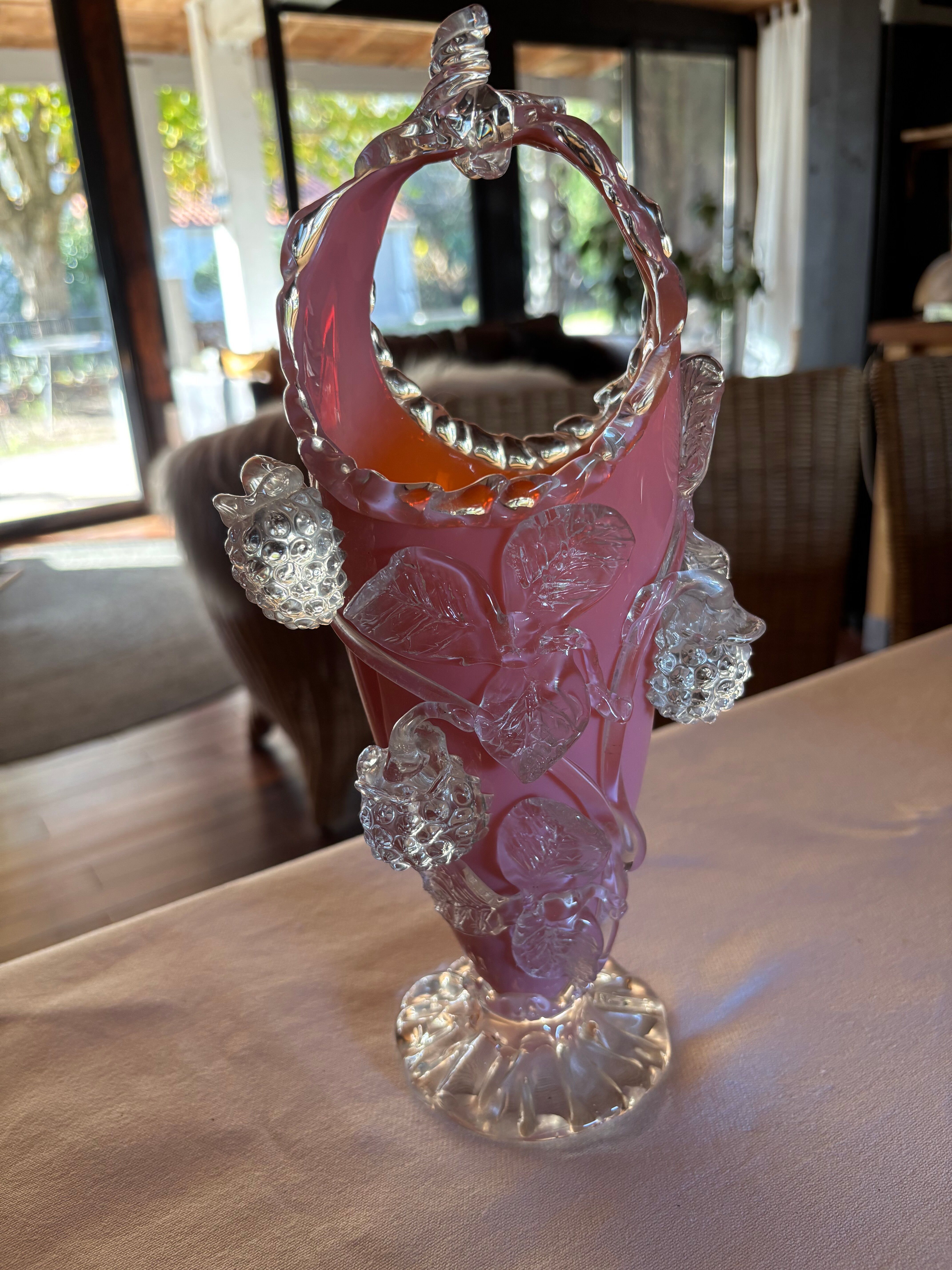 Pink opaline vase with added fruits
