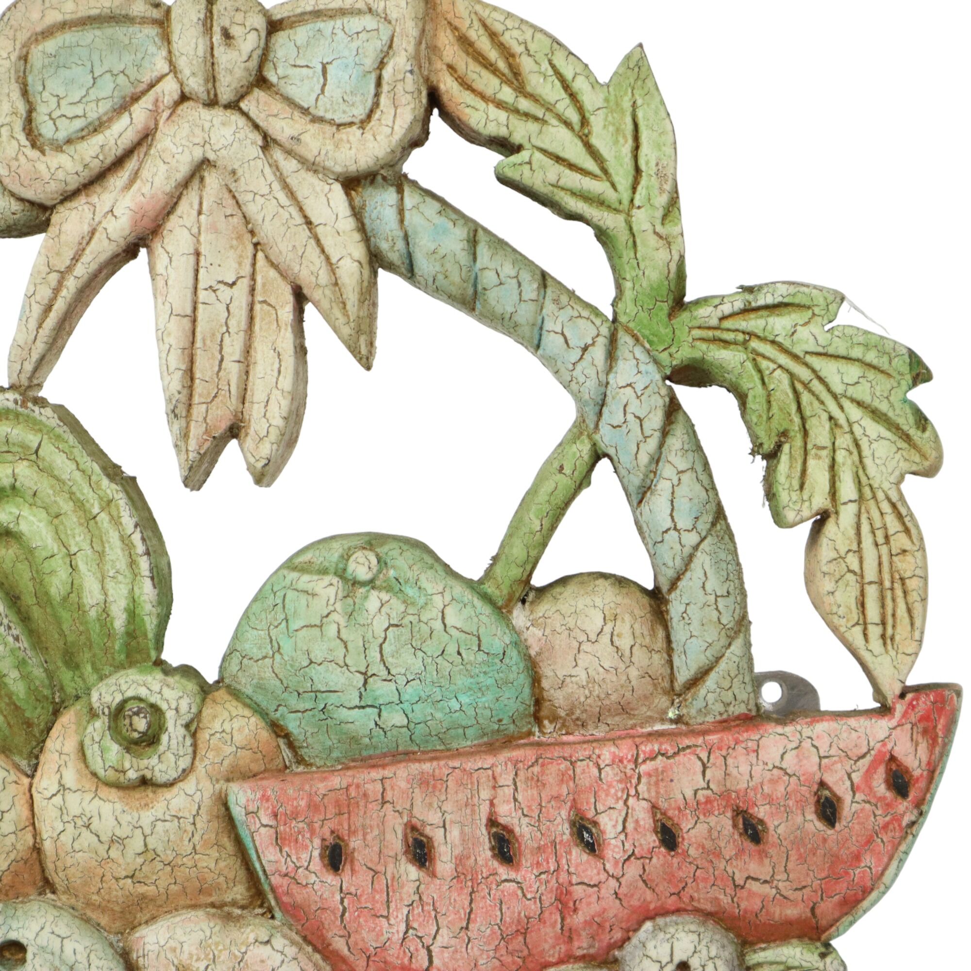 Vintage Fruit Basket with Bow Wood Carving Hand Painted Crackle Wall Decoration 41cm