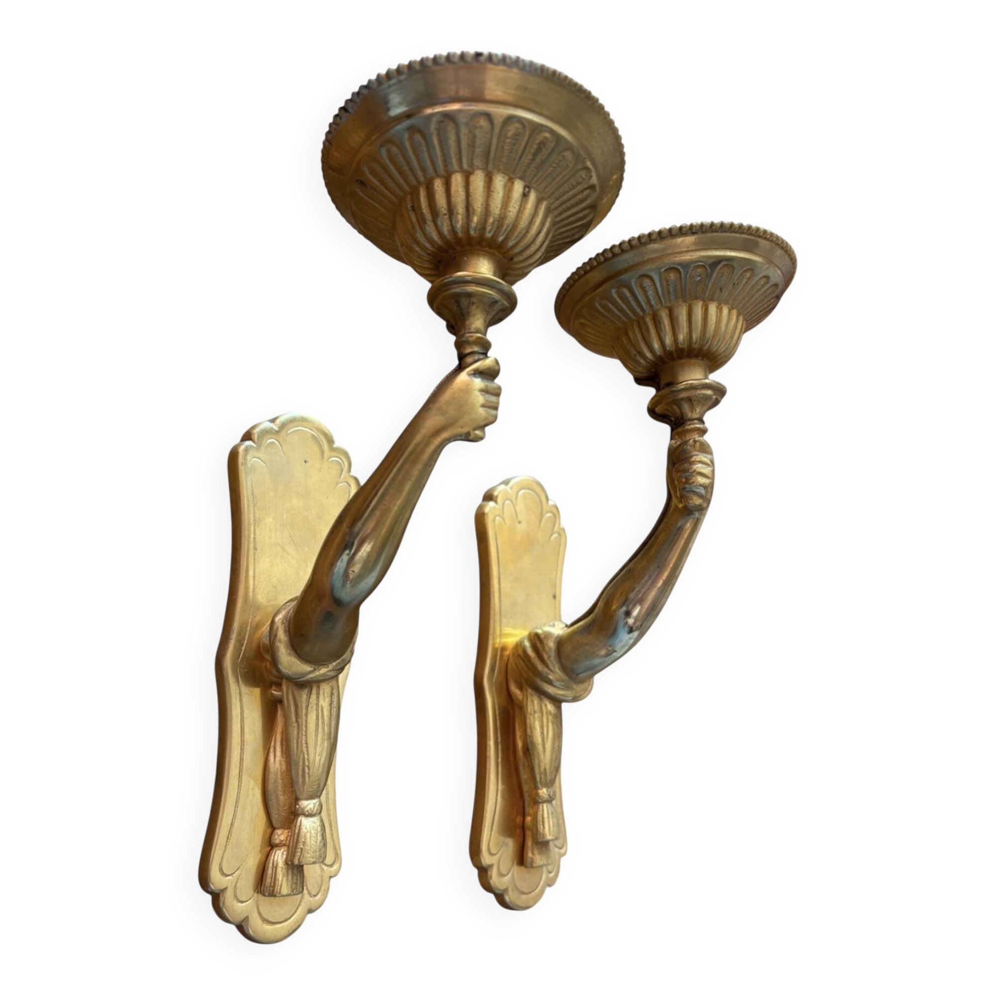 Pair of bronze wall sconces with outstretched arms and hands