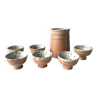 Pot service with 6 cups in pyrite stoneware by Gustave Tiffoche, La Borne.