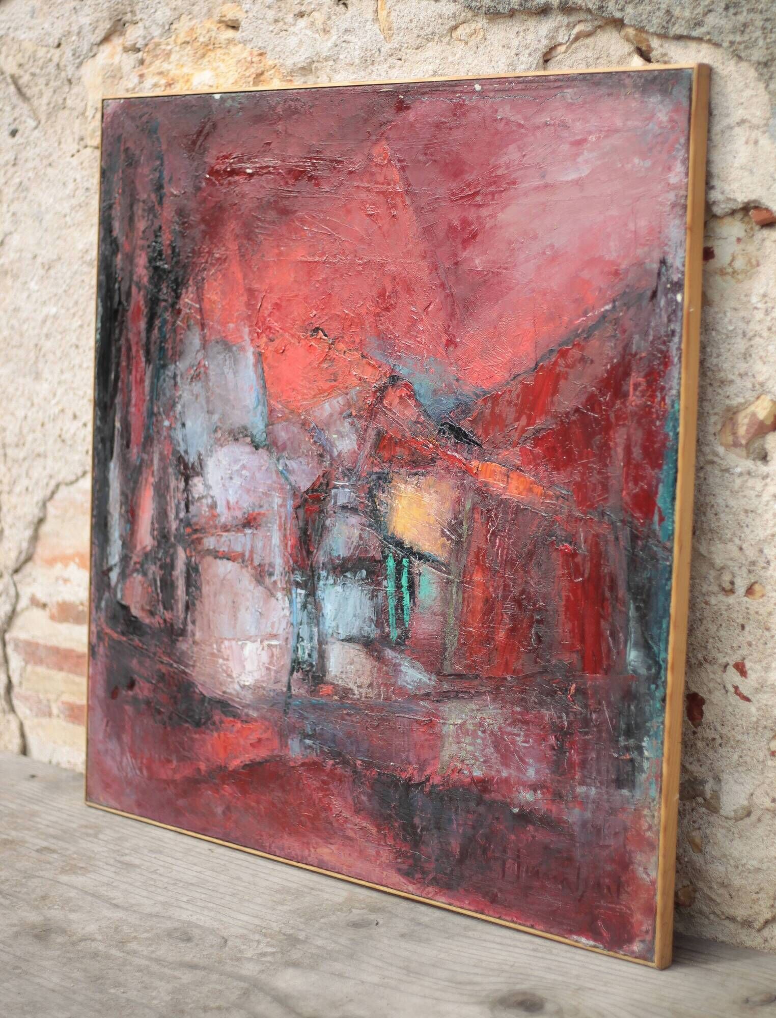 Oil on canvas signed Monique Humbert, abstract composition, wall painting, interior decoration.