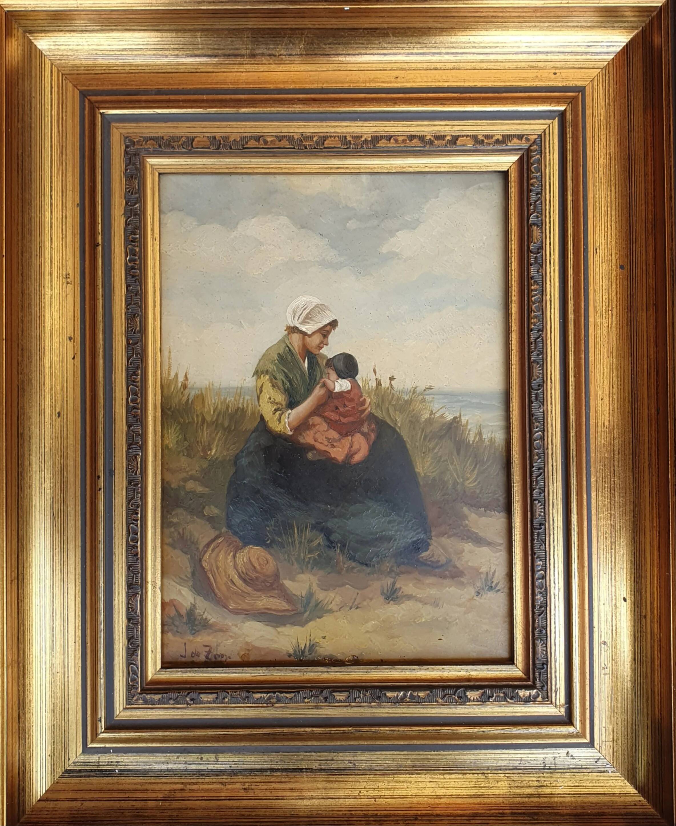 2 x Mother and child in the dunes, signed / J. de Zon (lower left) / oil on wood
