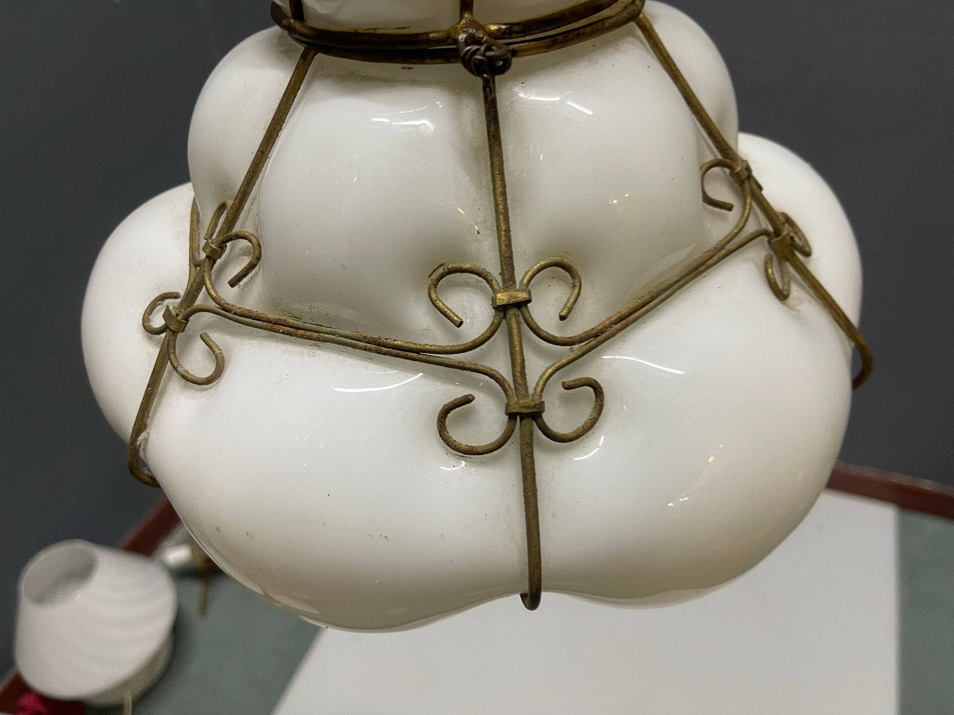 Murano Opaline Glass Pendant Light in Wrought Iron Frame, Italy, Mid-C
