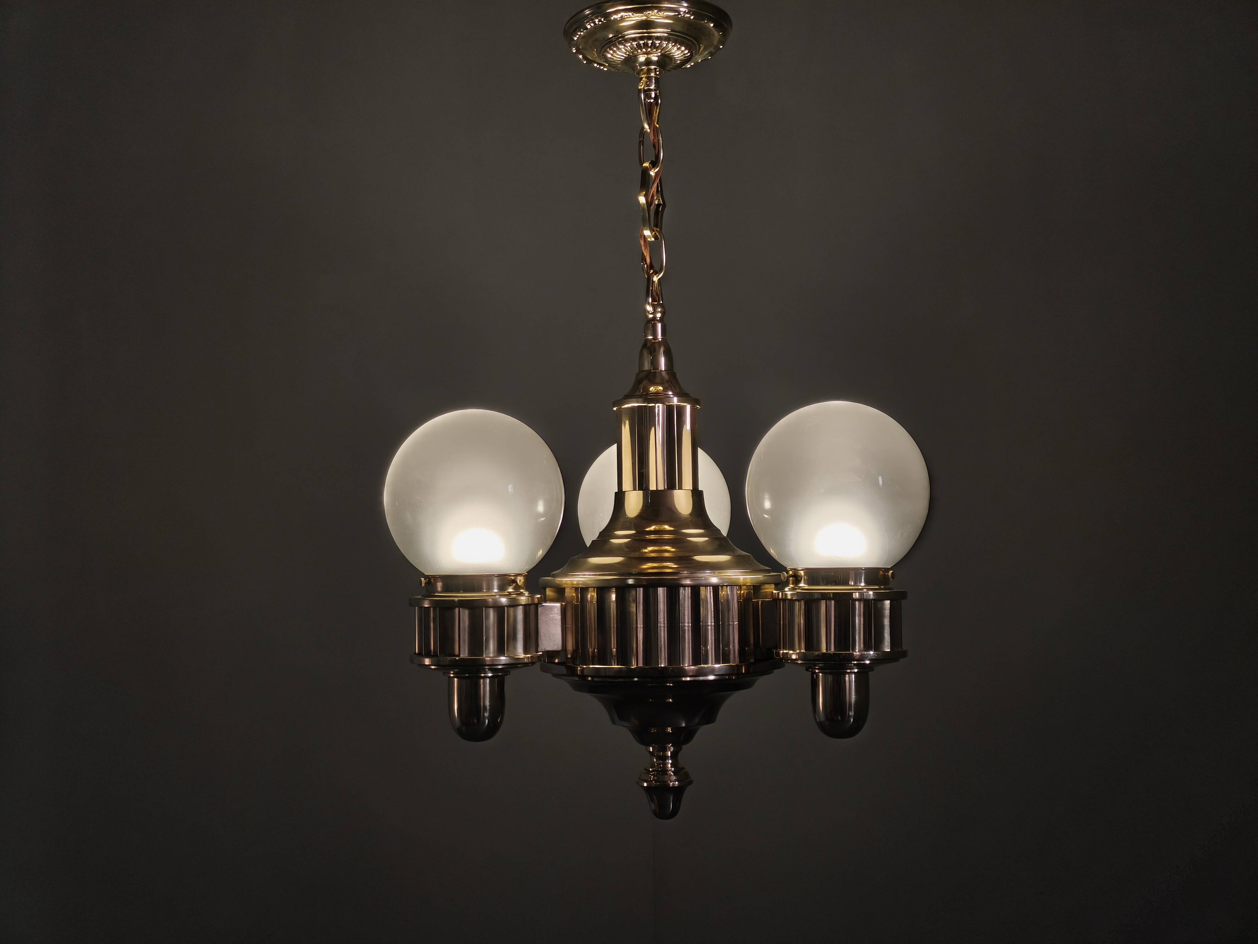 Art Deco Brass and Opaline Glass Chandelier, Czechoslovakia