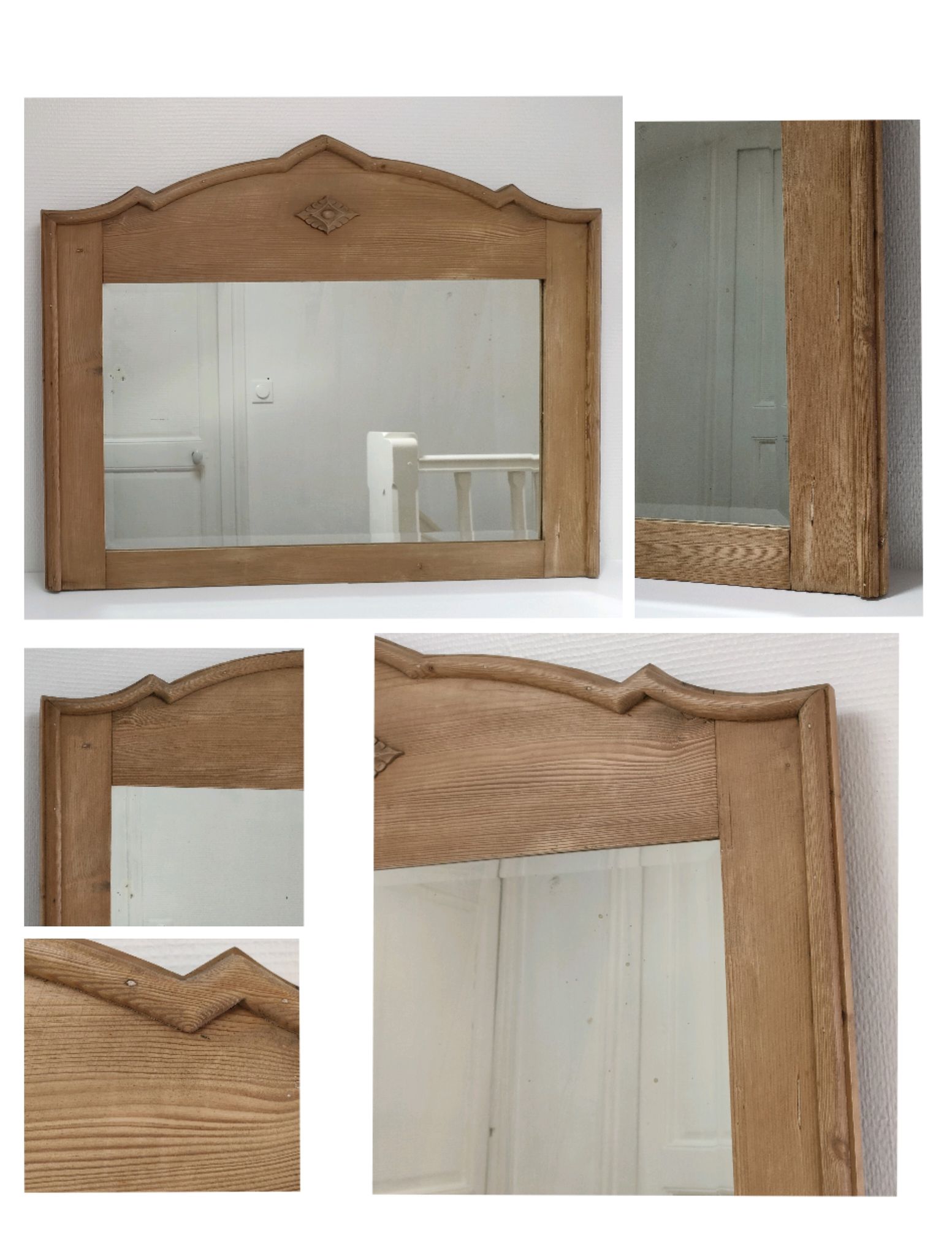 Miroir bois patiné glace biseautée vintage 76 cm x 96 cm