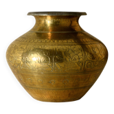 Vase ethnique ancien en bronze, fabrication artisanale d’Inde, 17x14cm
