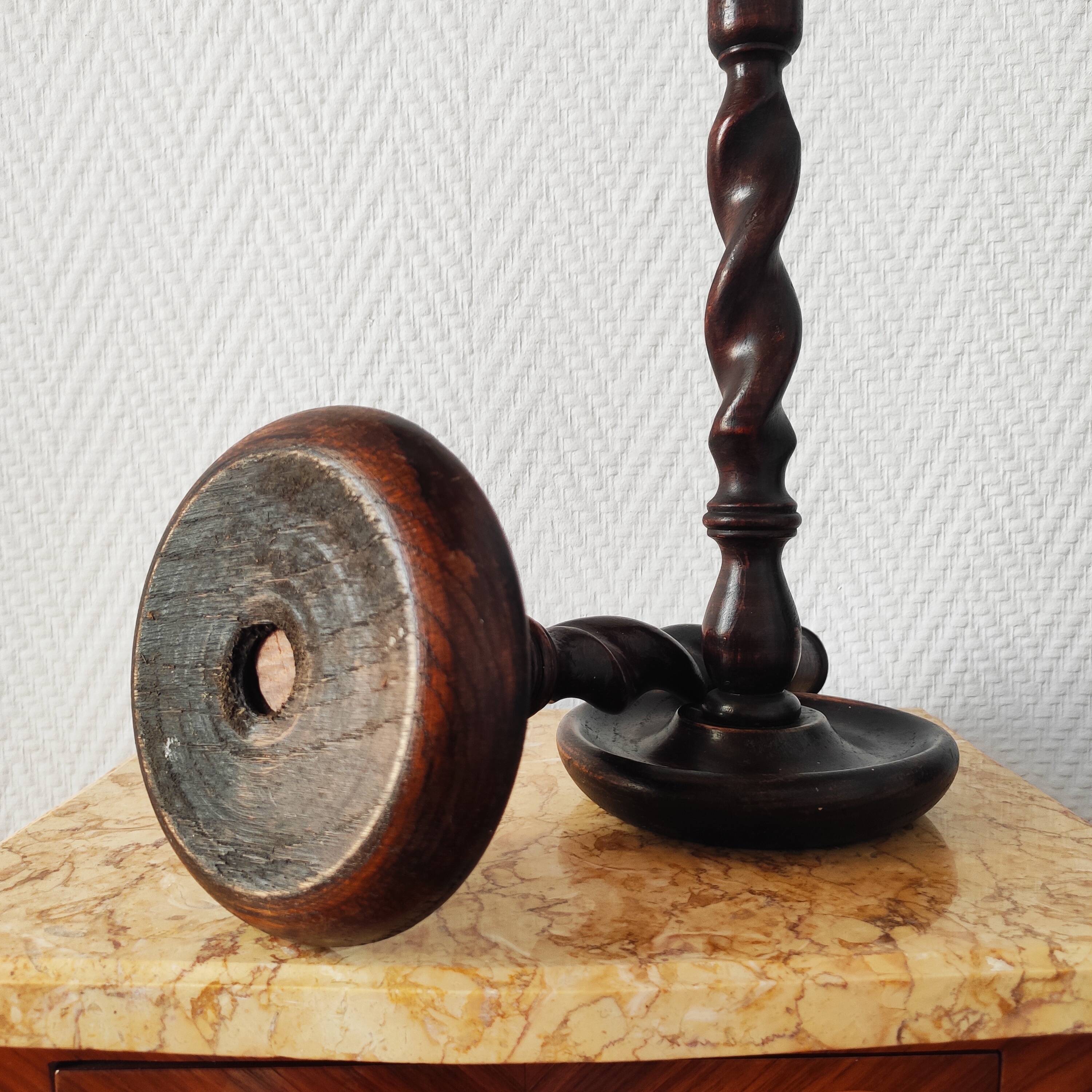 Old pair of English turned wood candlesticks