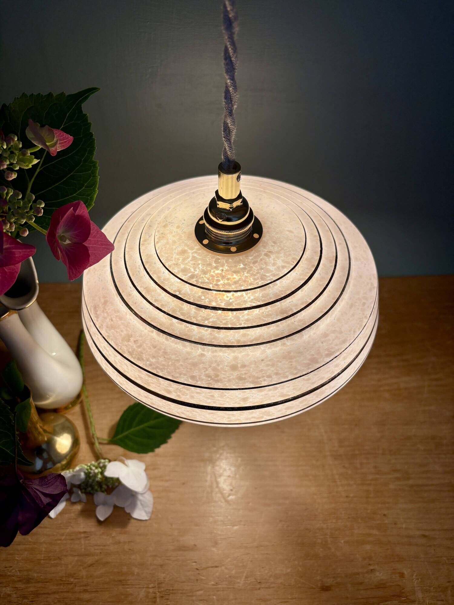 Vintage pendant lampshade in pink Clichy glass with gold trim