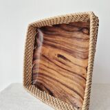 80s wooden and rattan tray - Vintage