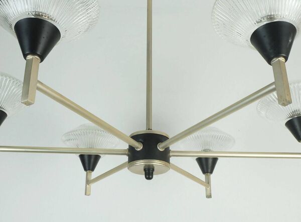 Lustre à 6 lumières de style mid-century, lampe suspendue en verre, aluminium et métal, début des années 1960.