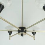 6-light mid century CHANDELIER pendant light glass aluminum and metal earyl 1960s