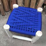 Traditional moroccan stool in blue nylon thread majorelle and eucalyptus wood
