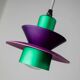 Vintage aluminum ceiling lamp in purple and green, Memphis/postmodern zigzag striped cable, bold pop-art pendant