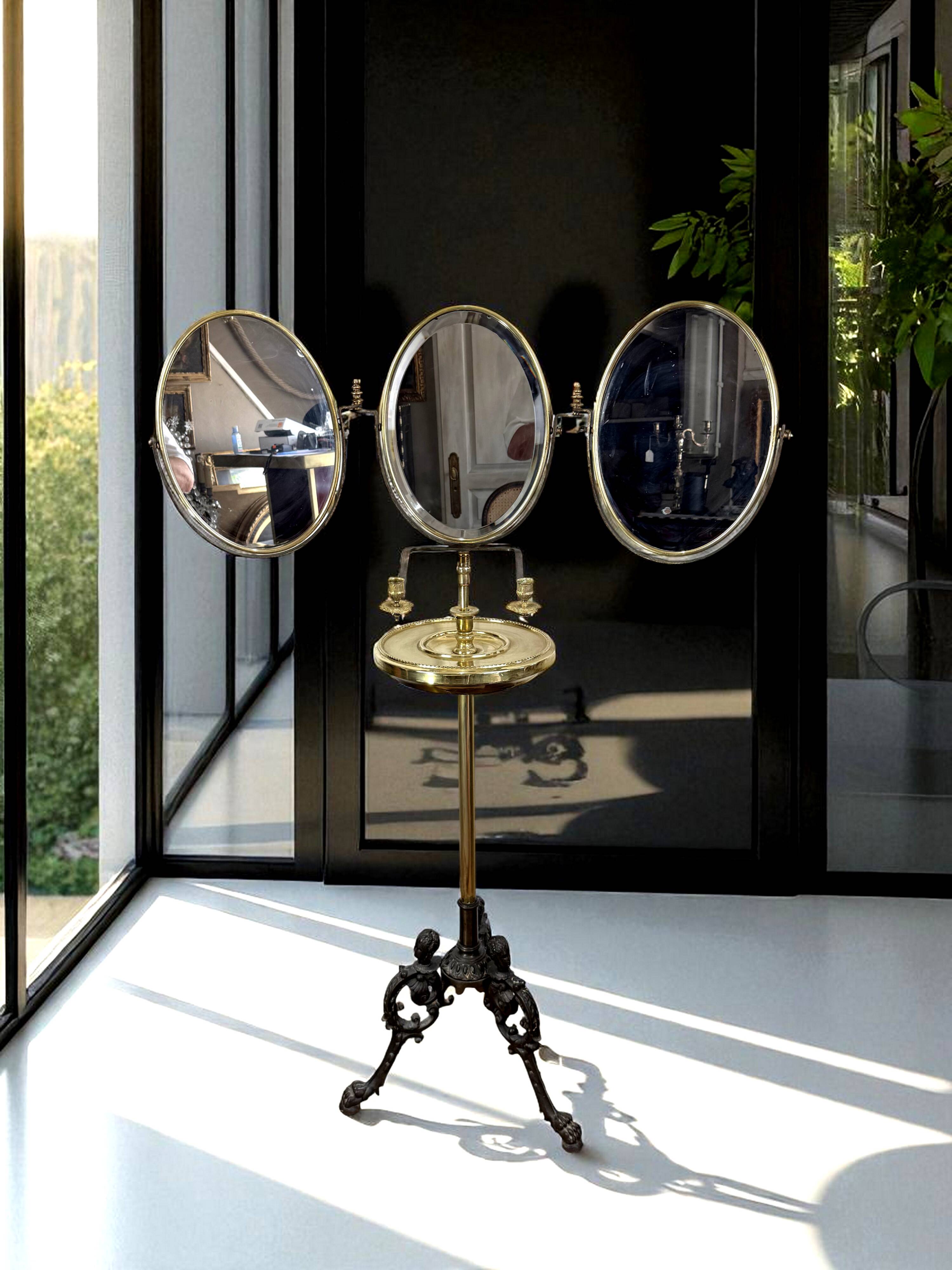 Miroir triptyque de barbier en laiton epoque napoleon iii réglable en haute