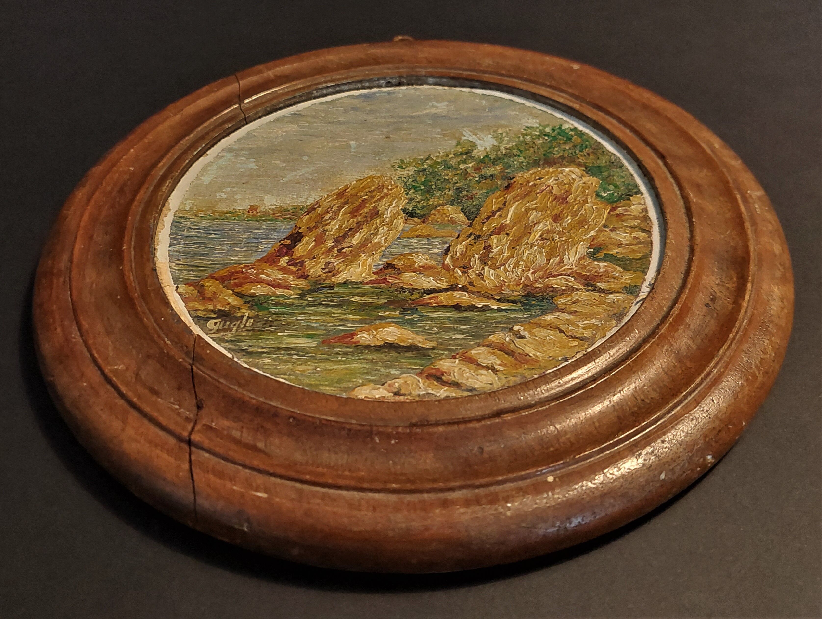 Oil painting on panel in marine tondo wooden frame early twentieth century