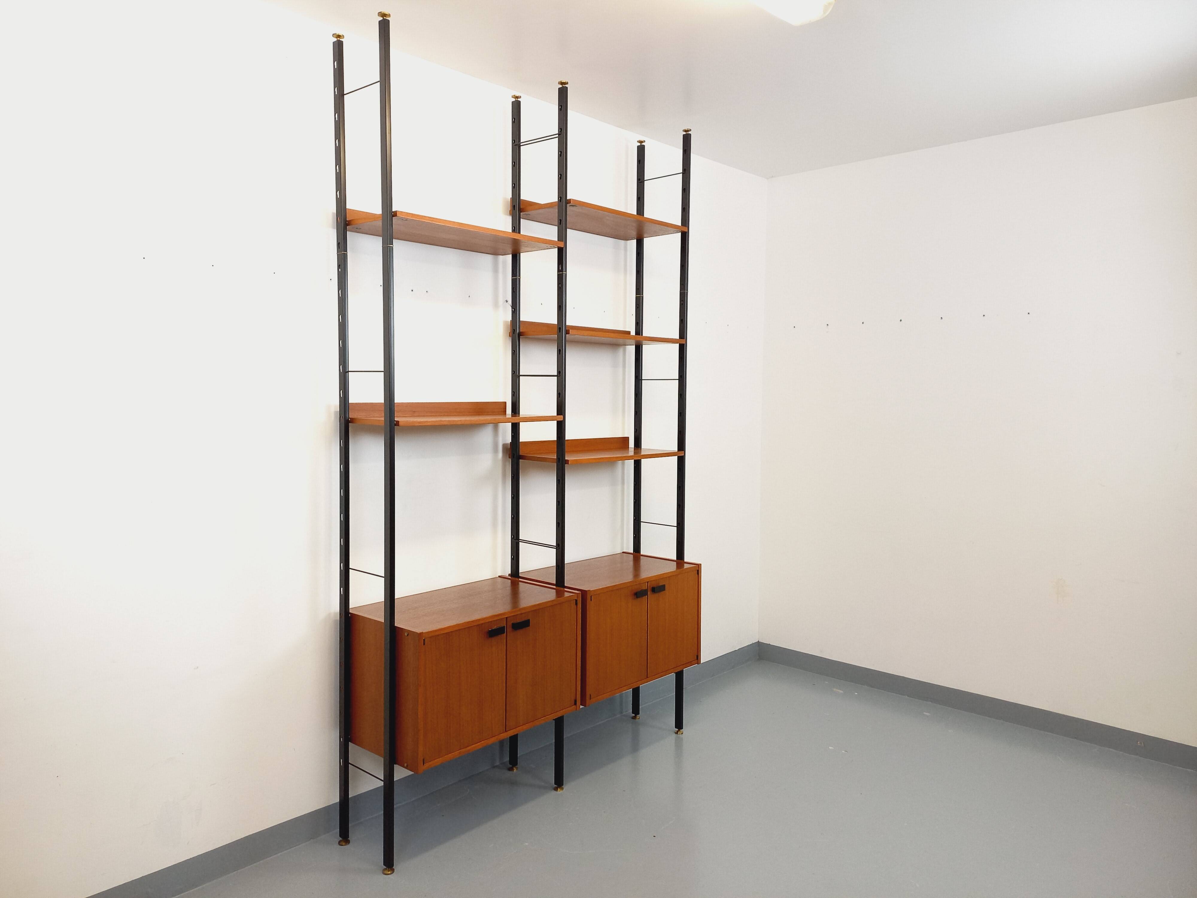 Vintage Italian double modular shelf bookcase in teak and metal