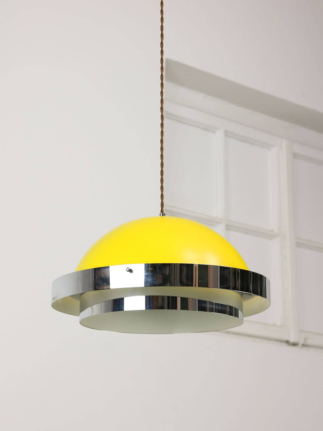 Space-age italian yellow and chrome metal pendant lamp, 1970s