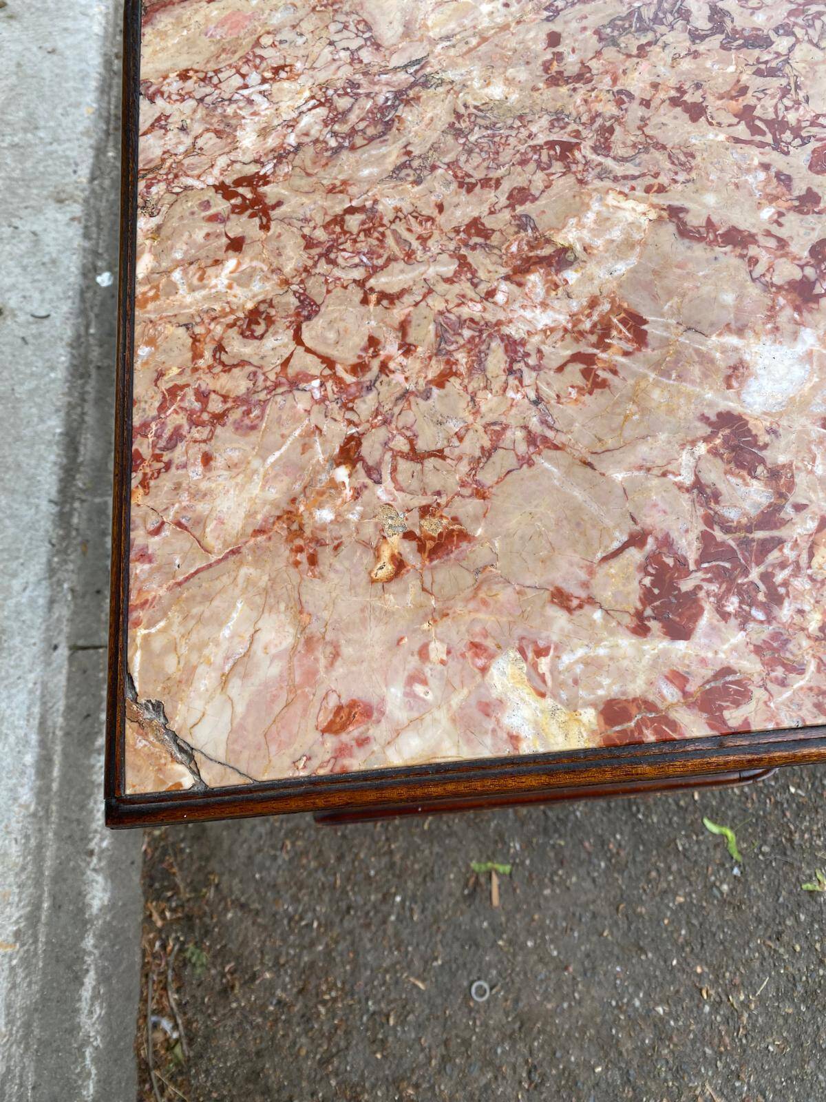 Pair of Louis XV bedside tables, 19th century, marquetry and pink marble