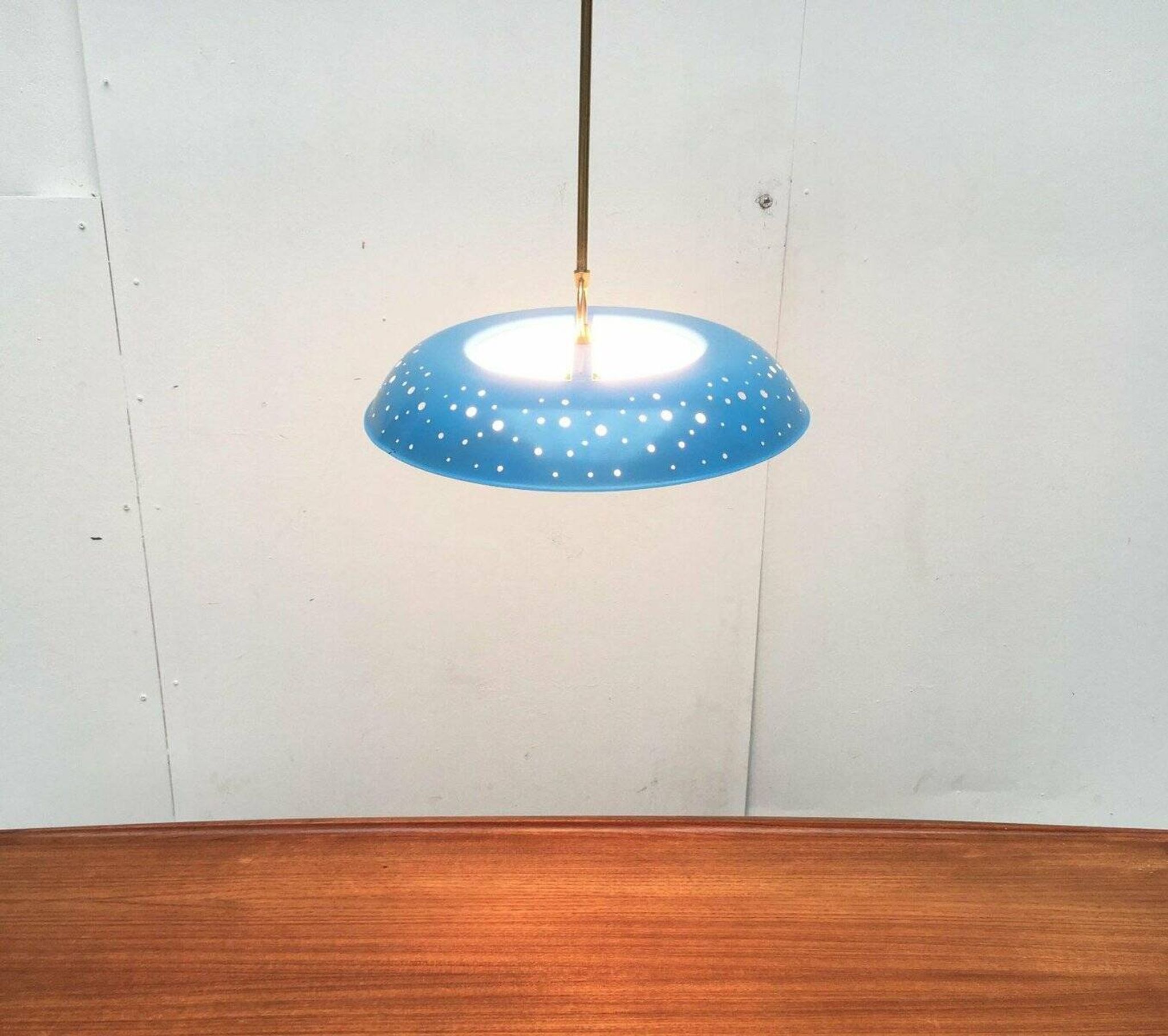 Perforated metal pendant lamp in mid-century style attributed to Ernest Igl for Hillebrand Leuchten, 1960s.