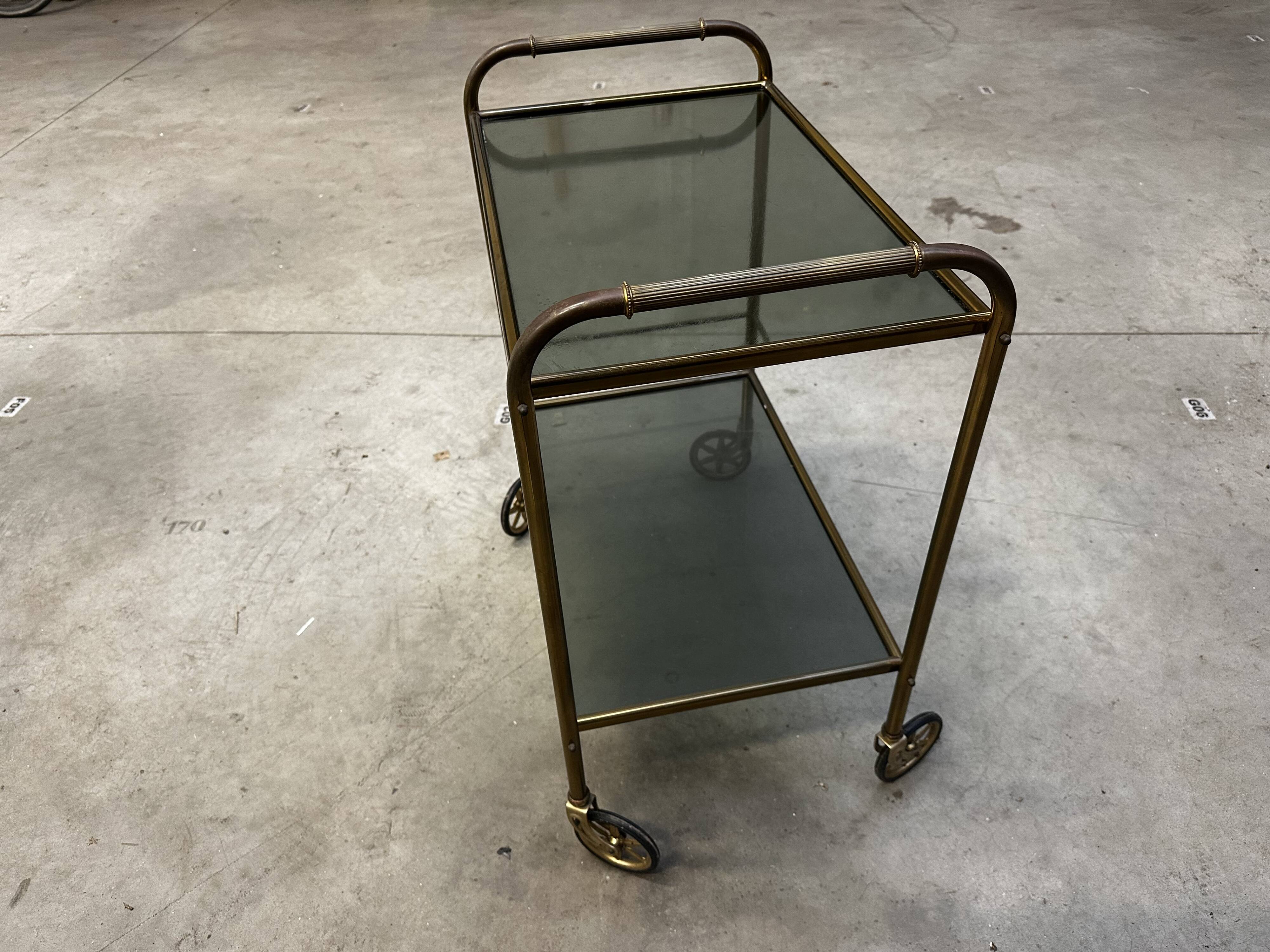 Vintage 70s serving trolley in gold metal and smoked glass