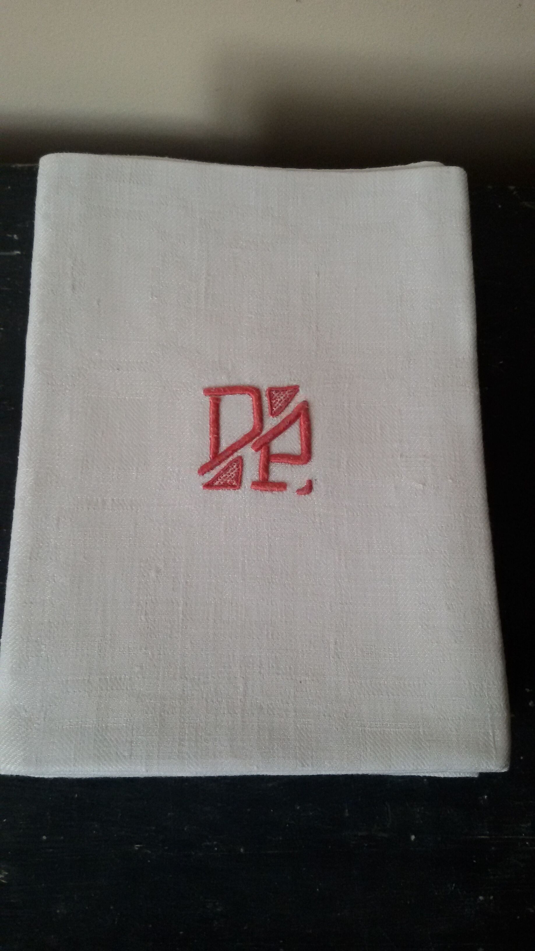 Set of six damask cotton towels monogrammed D P Red