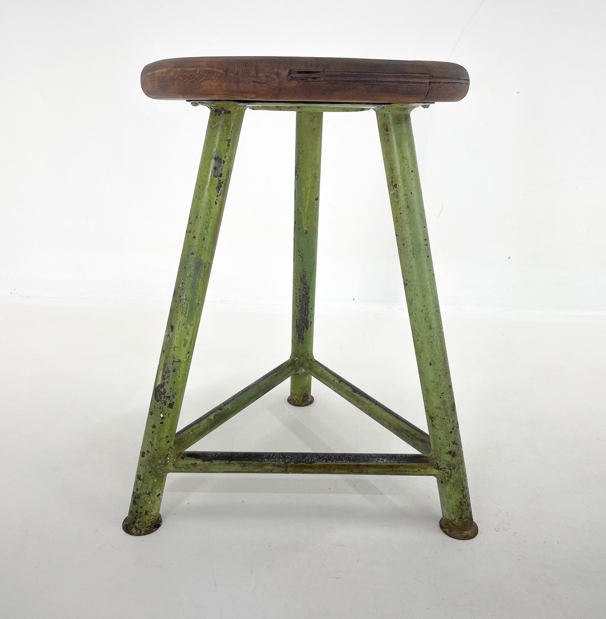 Vintage industrial steel & wood tripod stool, 1950's