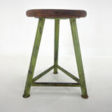 Vintage industrial steel & wood tripod stool, 1950's