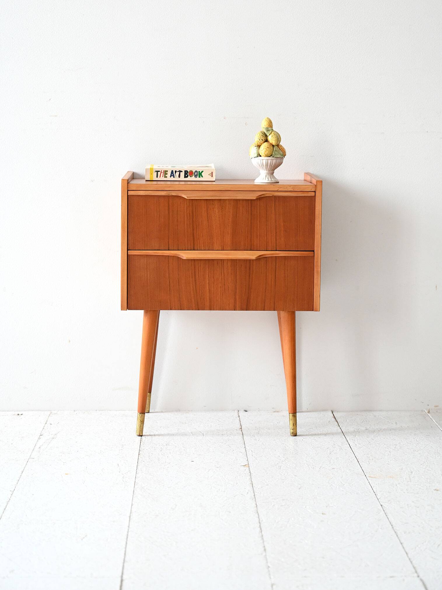 1950s Scandinavian Teak Nightstand with Brass-Tipped Legs