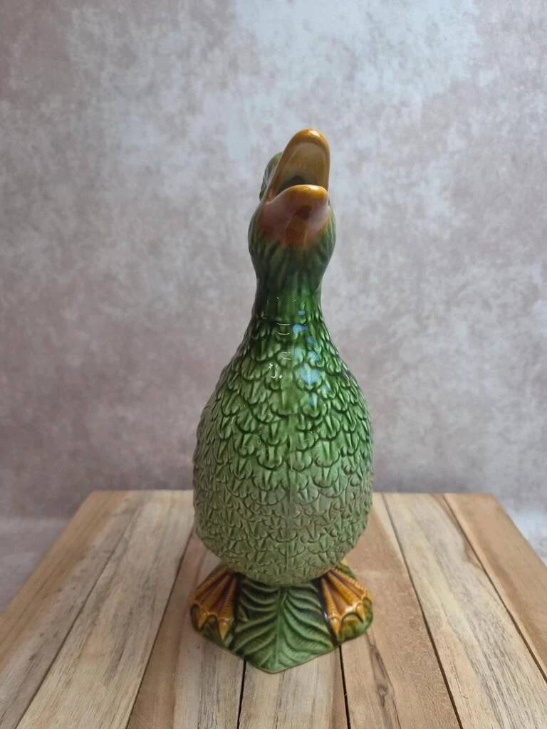 Large vintage duck jug in barbotine – green glazed earthenware – 29 cm