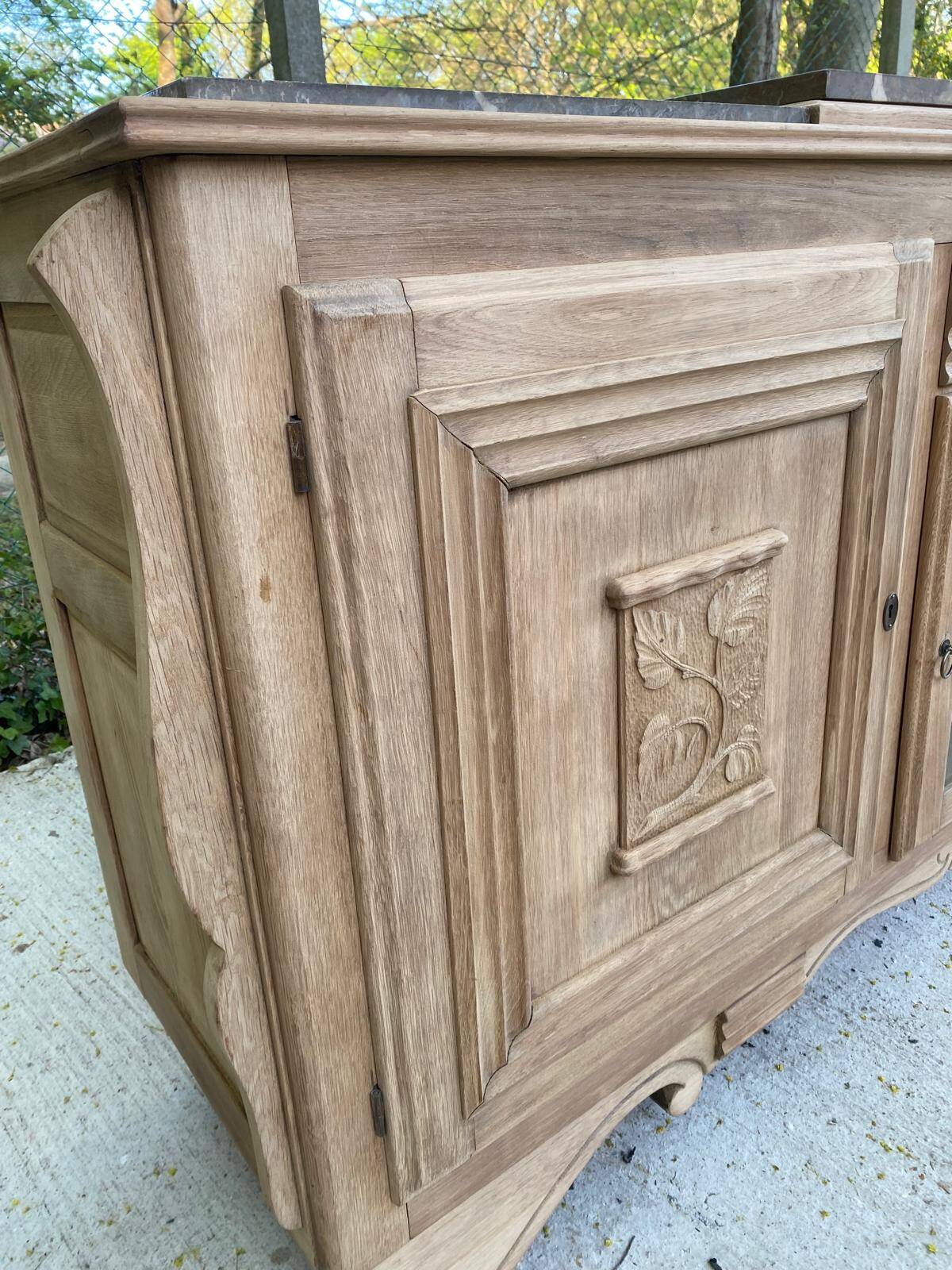 Renovated art deco sideboard in solid raw oak and gray marble 190cm