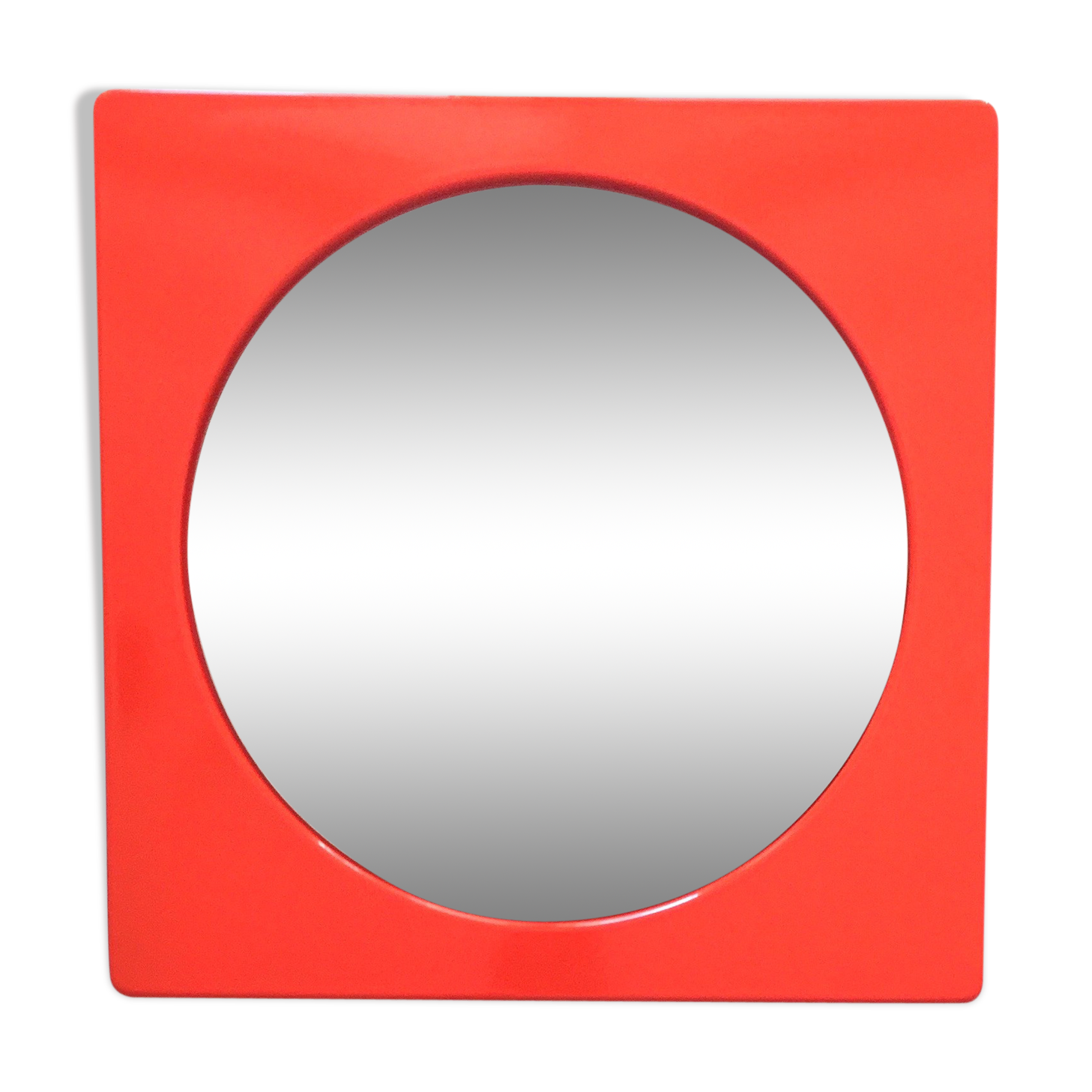 Vintage round mirror, enamelled metal square frame, 1970
