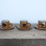 Series of 3 vintage stoneware cups and saucers by Madeleine Brault for Poterie de la Colombe