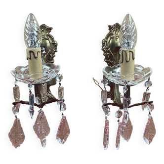 Paire d'appliques baroque en bronze doré et pampilles