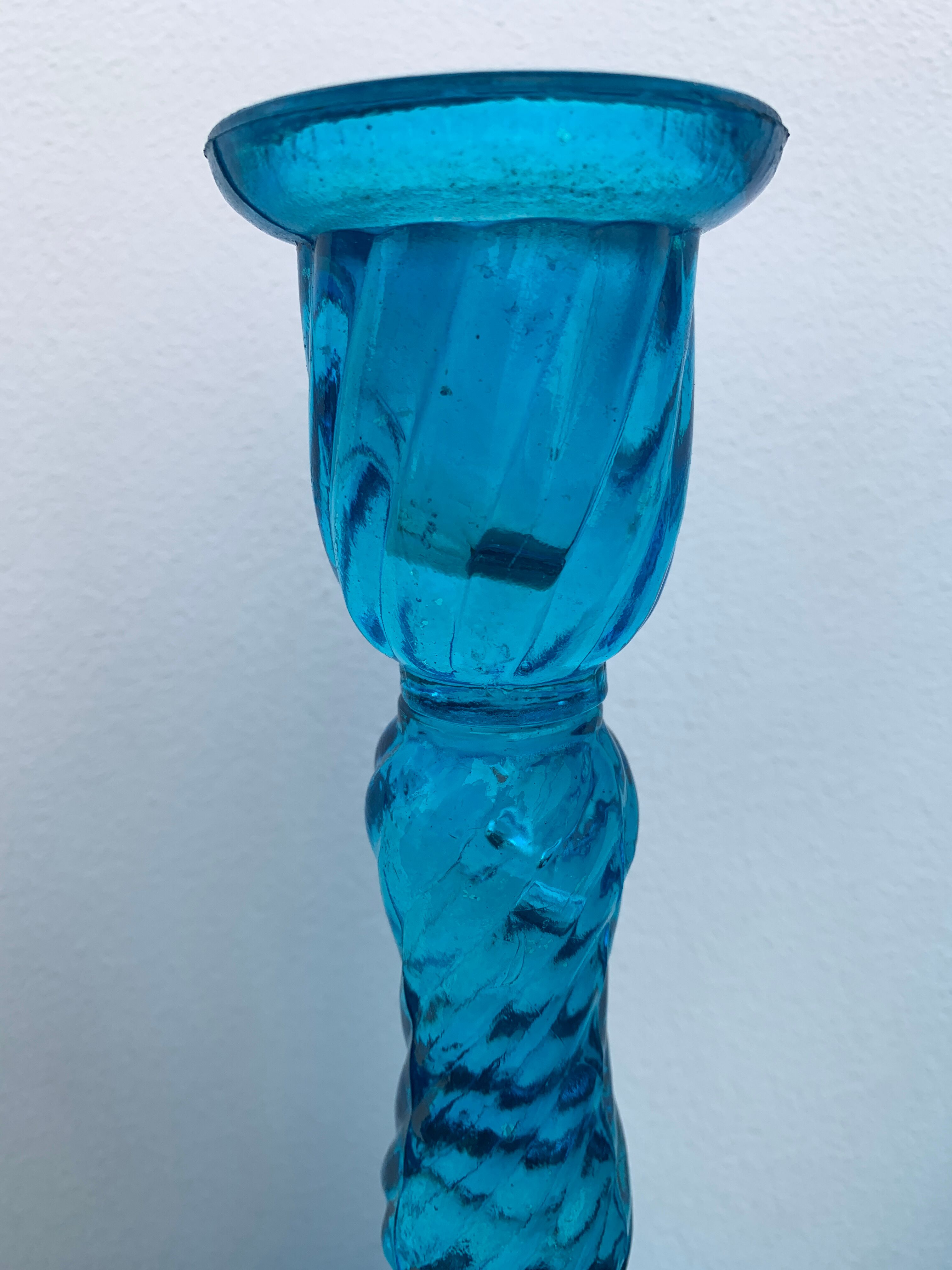 Pair of molded pressed blue glass candle holders