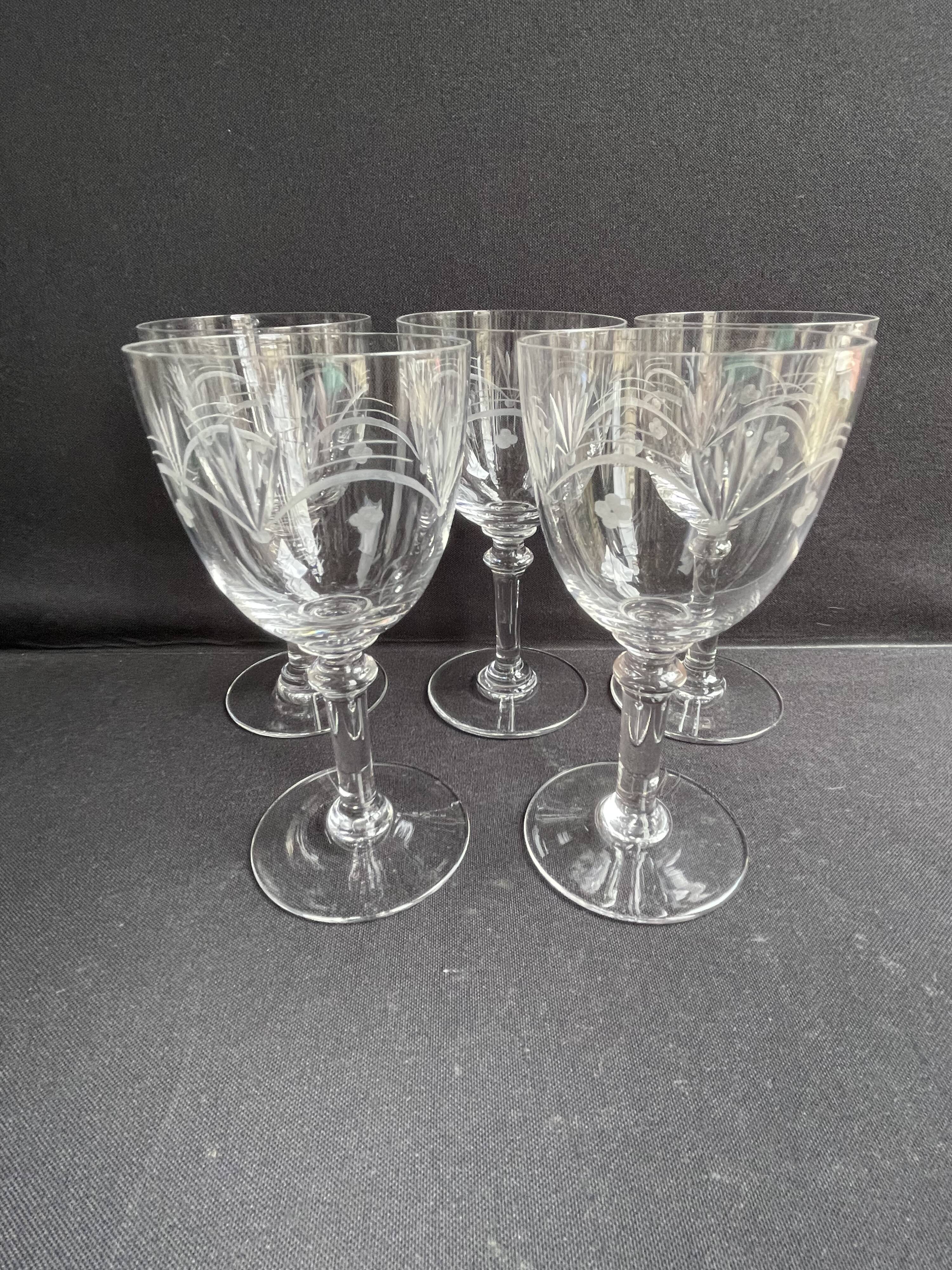5 blown, cut and engraved crystal wine glasses
