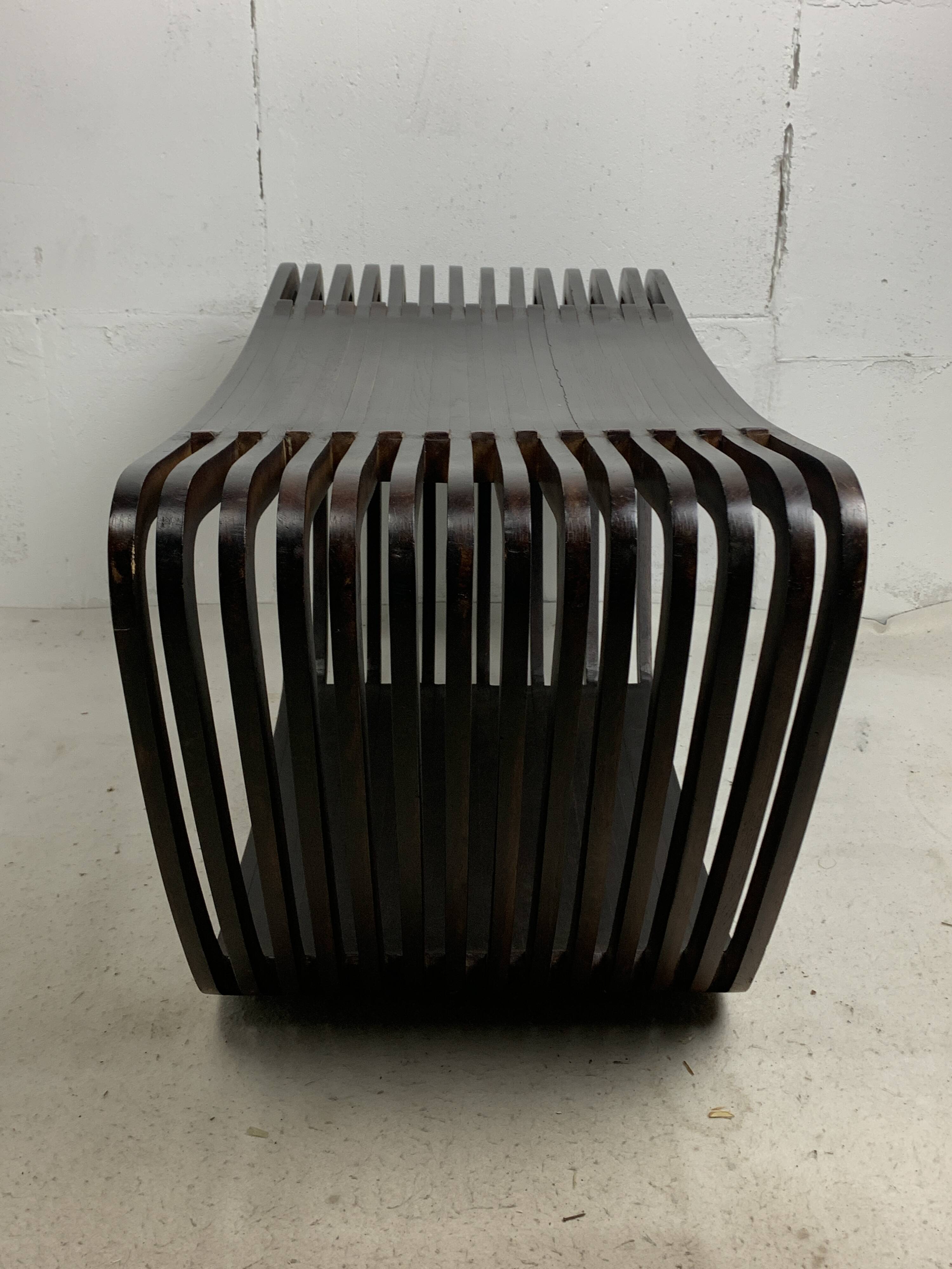 Post modern Dutch slatted wooden wavy curvy bench or  coffee table, 1970s