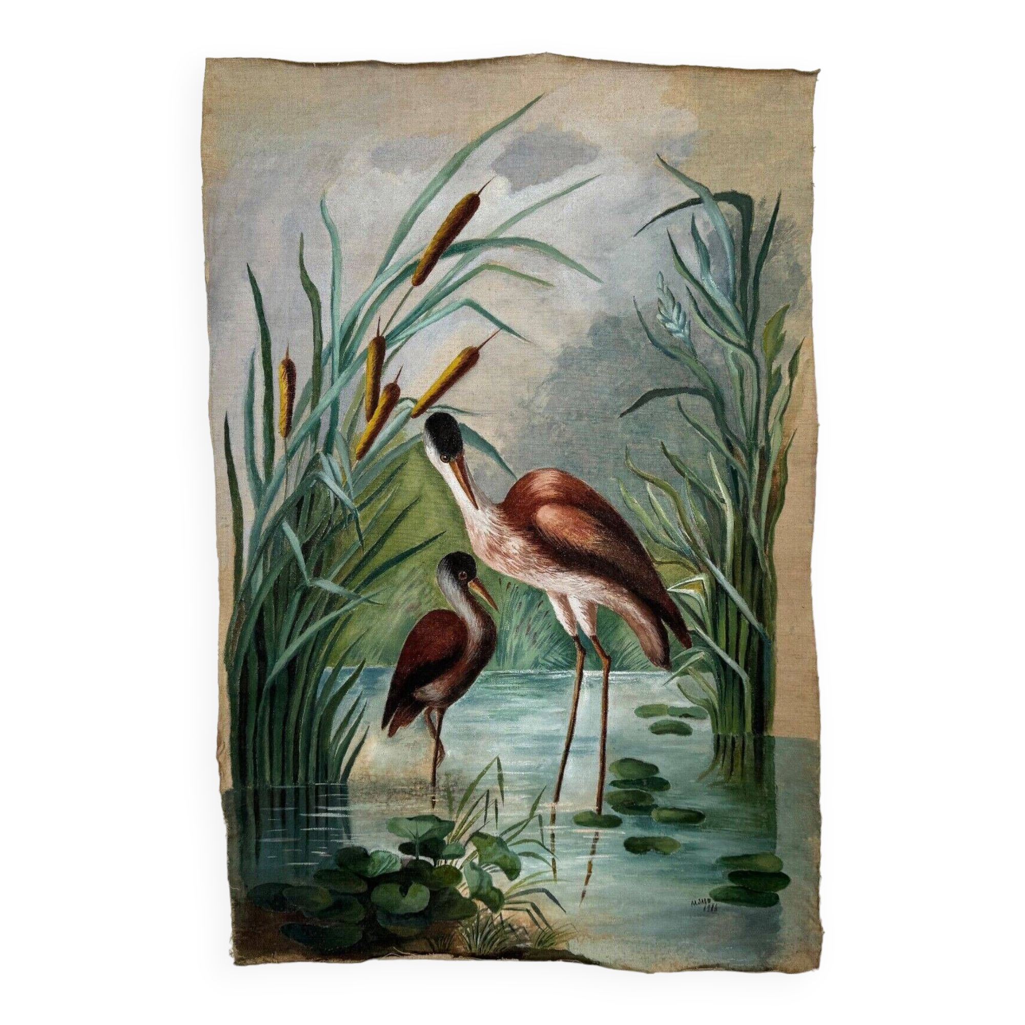 Huile sur toile nature morte représentant des flamands roses