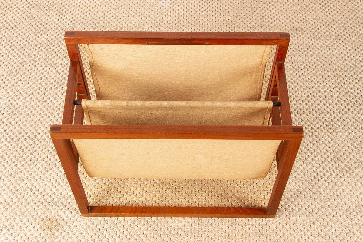 Danish magazine rack in teak and linen by Henning Wind-Hansen for Sika Møbler